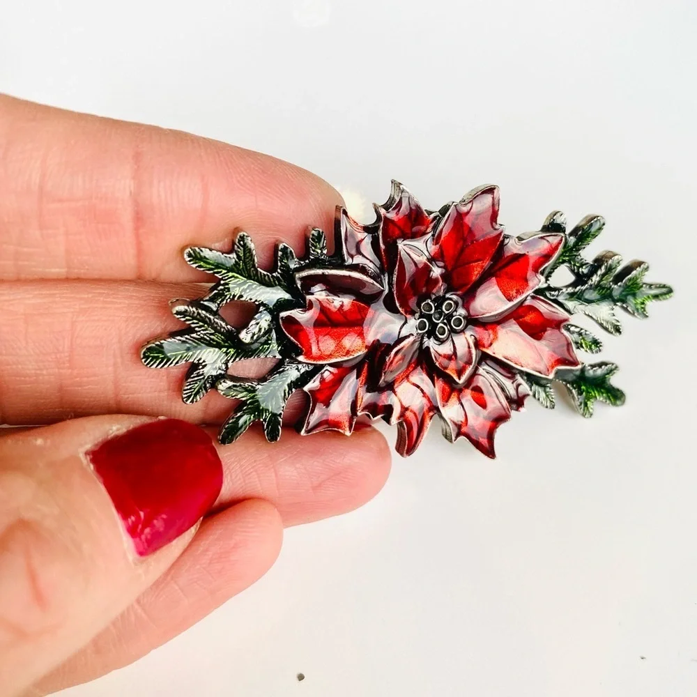 DANFORTH Poinsettia Pewter & Enamel Brooch Red & Green Christmas Signed USA - Picture 6 of 8